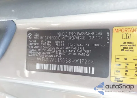 2008 BMW 328I из США, поврежденный, VIN WBAWL13558PX17234